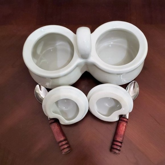 VINTAGE HH Houston Harvest White Porcelain Double Lidded Condiment Server - Picture 3 of 4